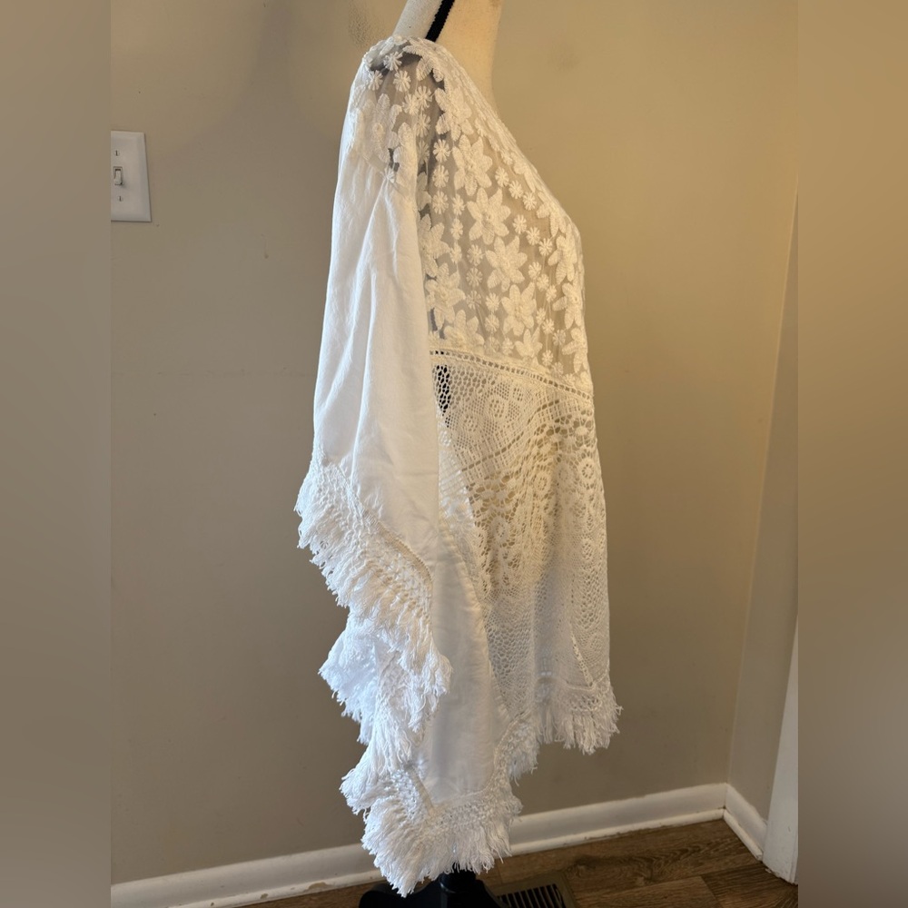 Pure white floral lace fringe swim cover up tunic top SZ S/M - Picture 2 of 12